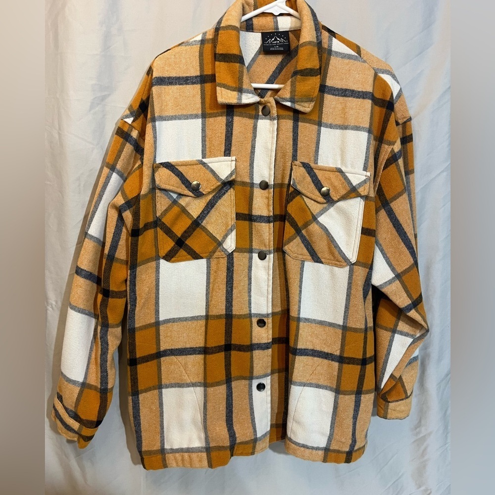 Women's Mustard, Navy and White Plaid Utility Shacket w/ Snaps Women’s Large - Picture 2 of 6